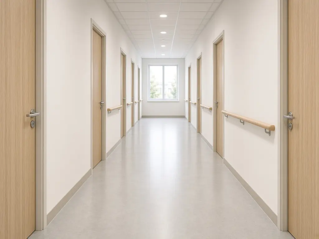 Freshly cleaned medical clinic hallway with polished vinyl floor and wood doors