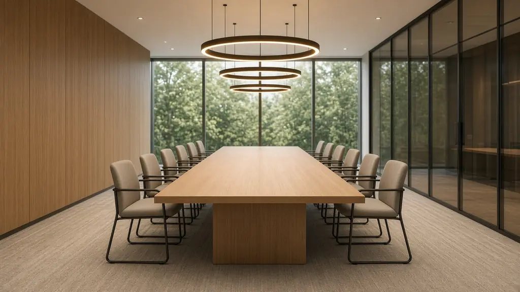 Spotless conference room with a long oak table, aligned chairs and freshly vacuumed carpet