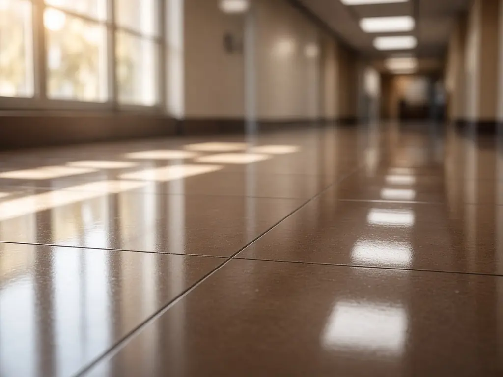 Long, freshly polished office corridor reflecting daylight from tall windows