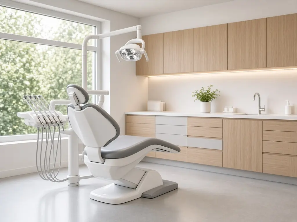 Clean, bright dental operatory with a white exam chair and oak cabinetry