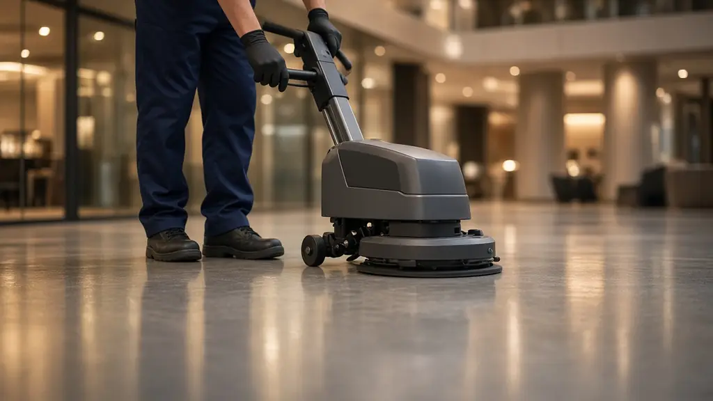 Cleaning professional in a navy uniform running a floor scrubber across a polished concrete atrium floor
