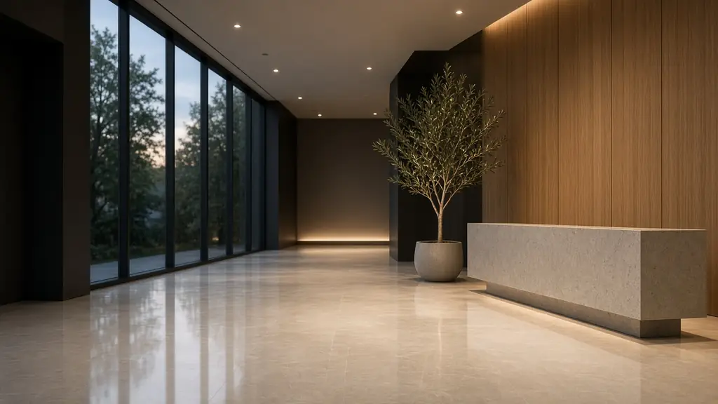 Quiet, freshly cleaned office lobby at dusk with a polished stone floor, oak wall panels and a stone reception desk