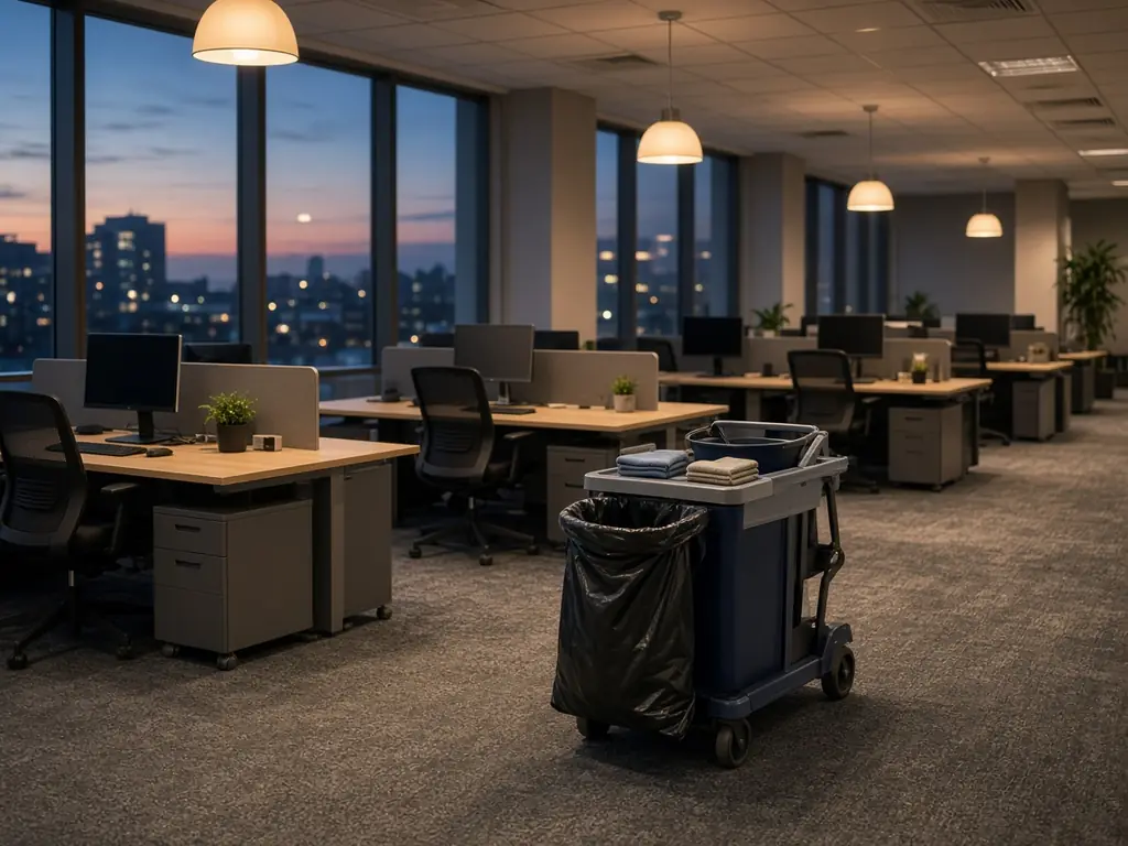 Tidy open-plan office at dusk with a janitorial cart parked between desks