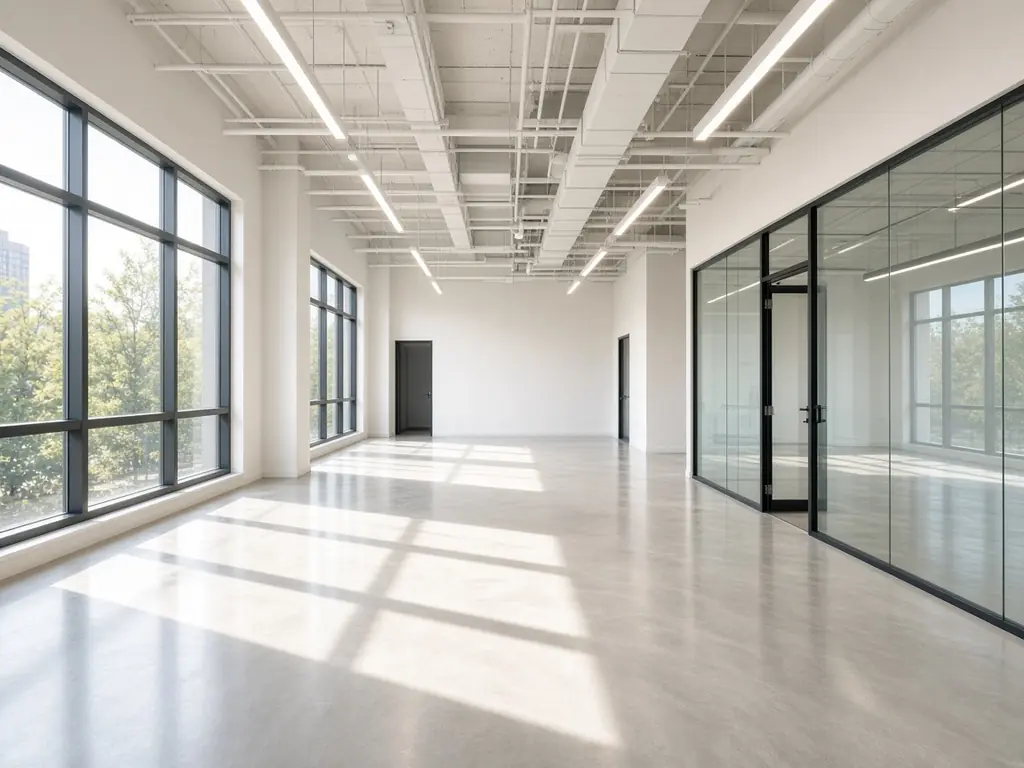 Bright, newly finished office space with polished concrete floor and glass partitions after a final construction clean