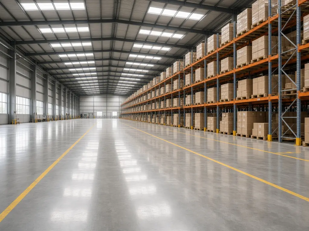 Clean distribution warehouse with freshly scrubbed sealed-concrete floor between pallet racks